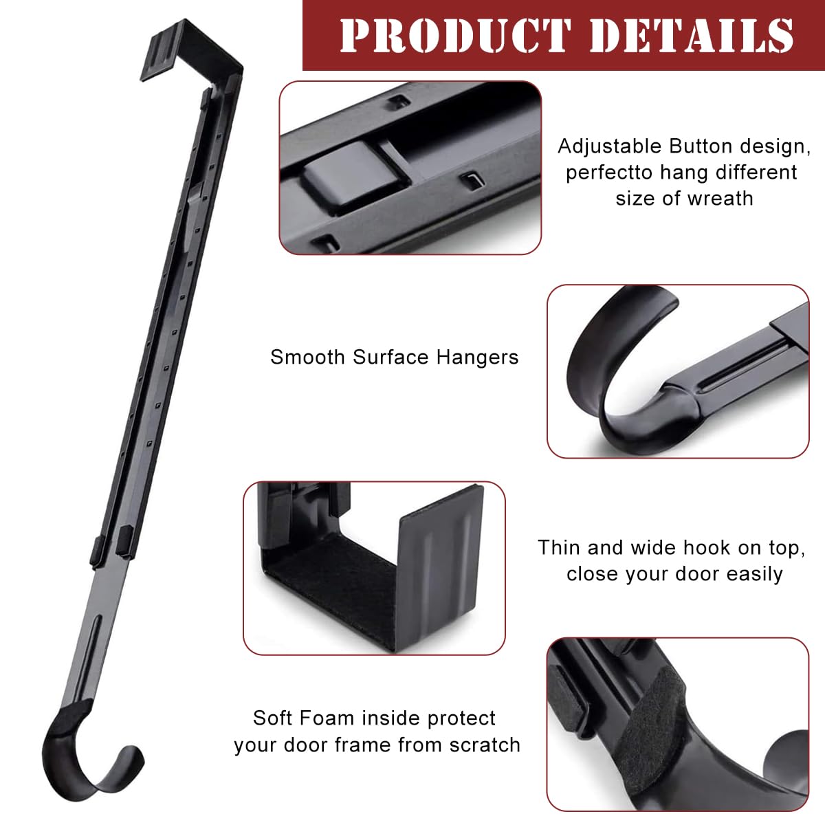 HASTHIP Wreath Hanger for Front Door with 15–25 in Adjustable Slide Mechanism | Black No Scratch Hook