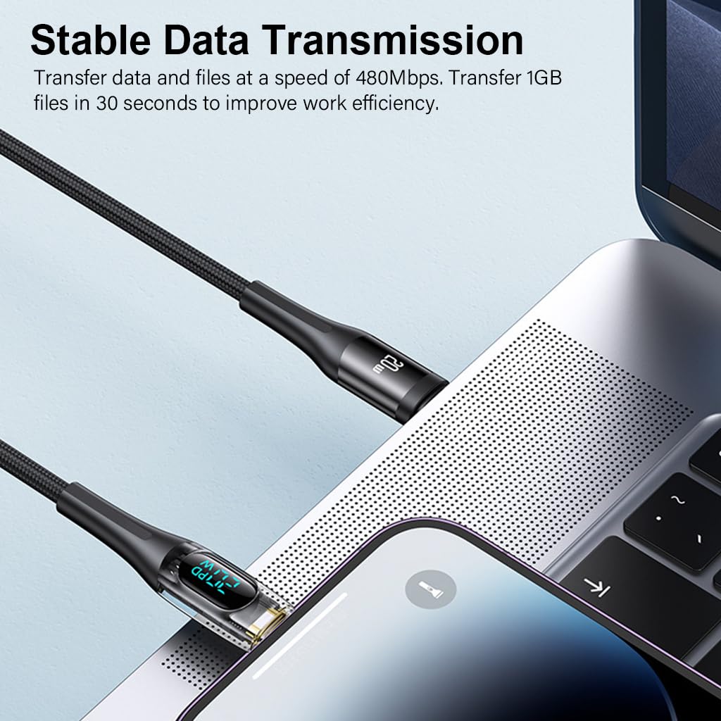 Verilux Type C to Lightning Cable 3.9ft PD 20W with LCD Display and Nylon Braid | Fast Charging