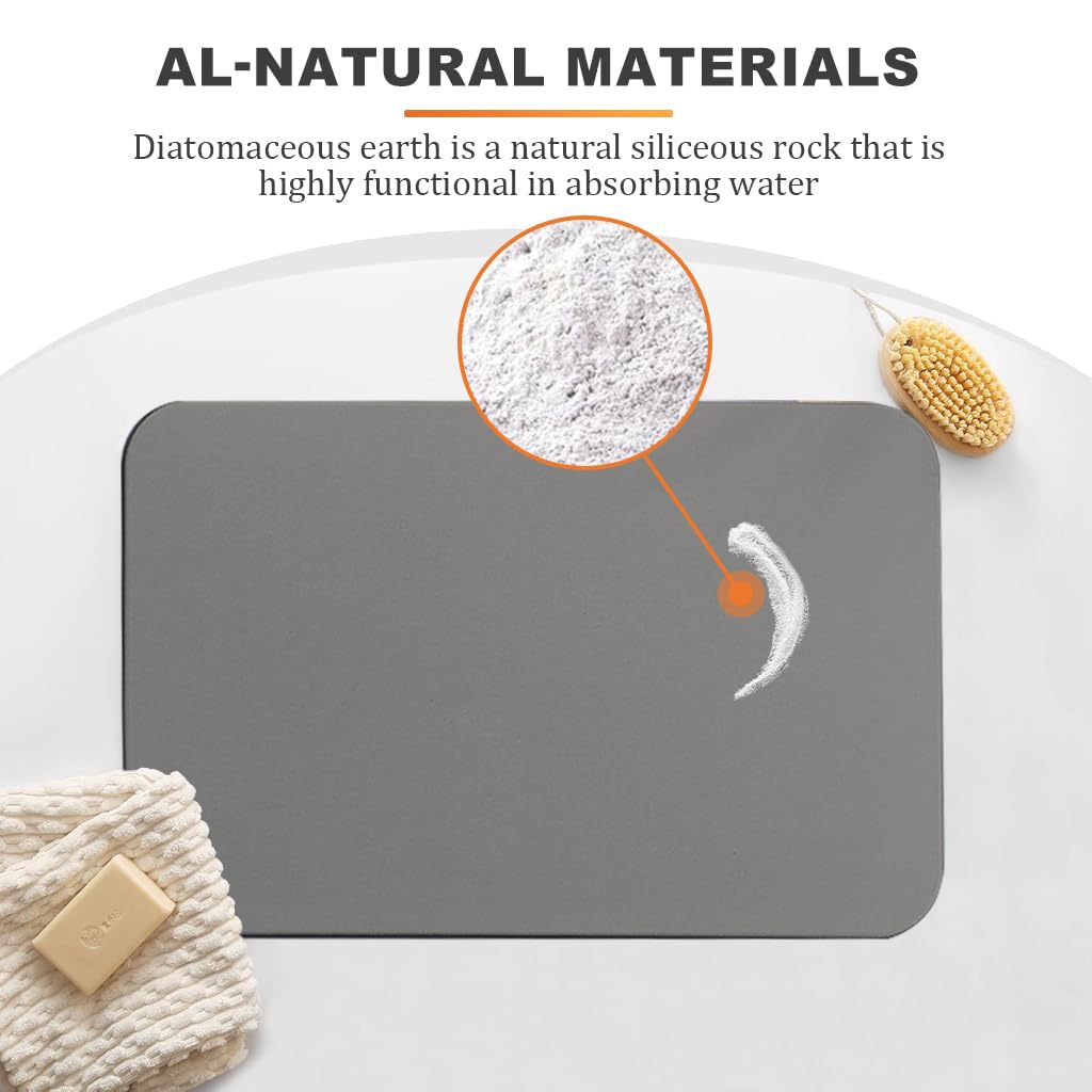HASTHIP Bath Mat for Bathroom Safety with Clear Double Sided Anti Skid 15.75x11.8 in Grey | Quick Dry Diatomaceous Earth Surface