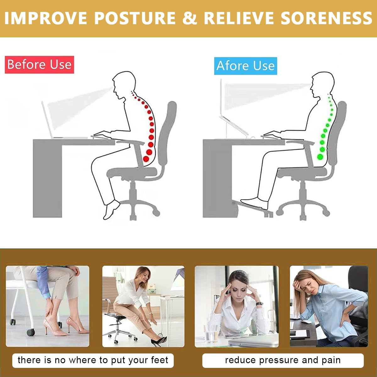 HASTHIP Foot Rest Under Desk for Office Chair with Massage Rollers and Adjustable Height | Black