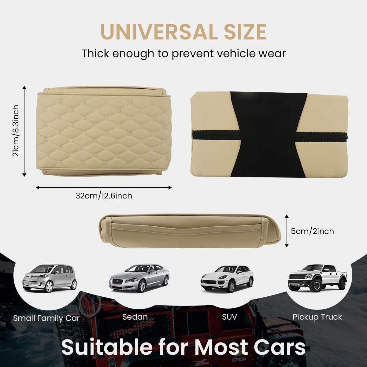 STHIRA Car Armrest Cushion for Center Console with Side Storage Pouch in Beige PU Leather | Ergonomic Support and Universal Fit