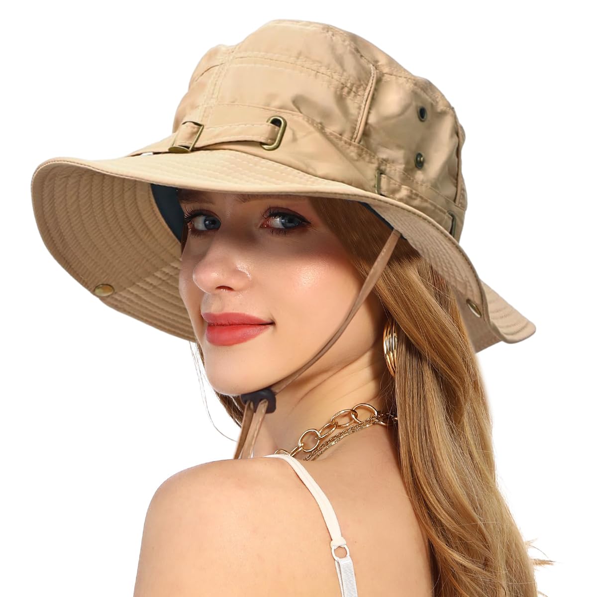 ZIBUYU® Sun Hat for Women Girls Extra Wide Brim Cap for Women Summer UV Protection Breathable Beach Hat with Adjustable Windproof Strap 2 In 1 Round Hat for Hiking, Fishing, Camping - Khaki