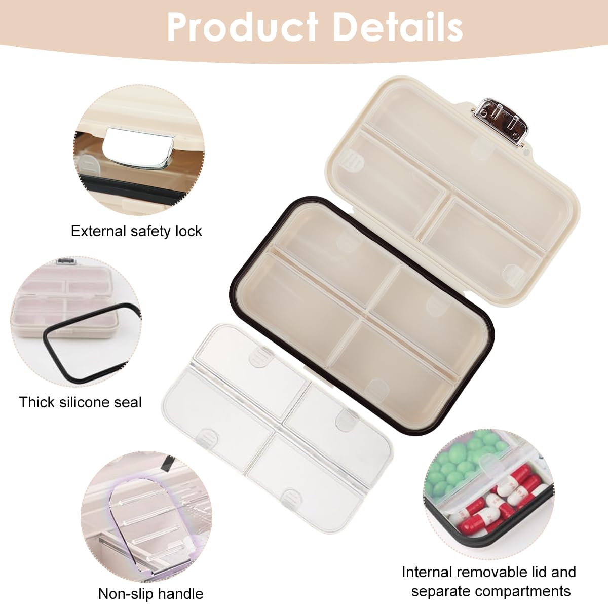 HANNEA Travel Pill Organizer Box for Weekly Medication with 7 Compartments and Sliding Date Marker | BPA-Free PP Portable Case 11.5 x 7.3 x 3.4cm