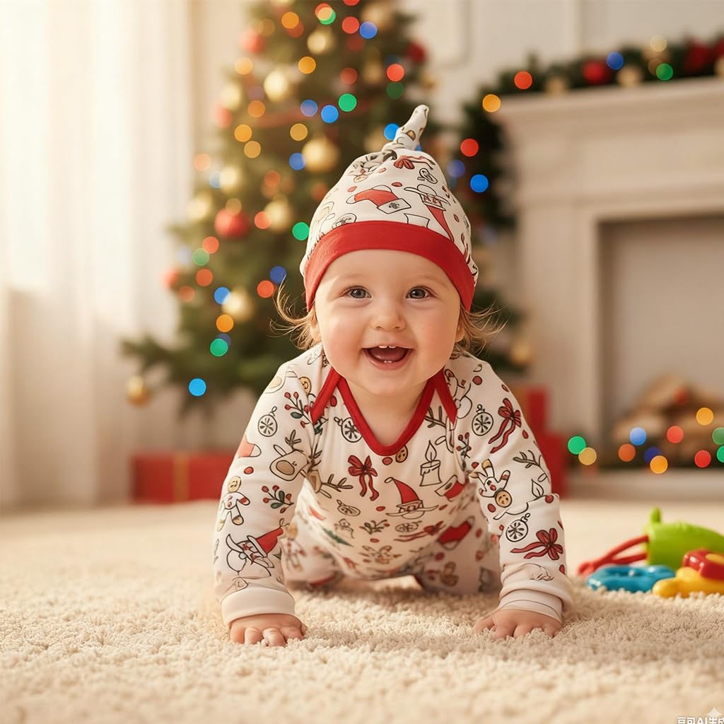 SANNIDHI Christmas Baby Outfit Set for 6–9 Month Infants with Button Up Crotch | Includes Matching Hat for Holiday Photos