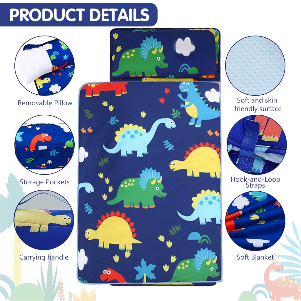 SNOWIE SOFT Kids Blanket 49.2x19.6 in for Sleeping Mat Use with Pillow & Folding Handle | Soft Polyester Cotton Dinosaur Print for Ages 3–5