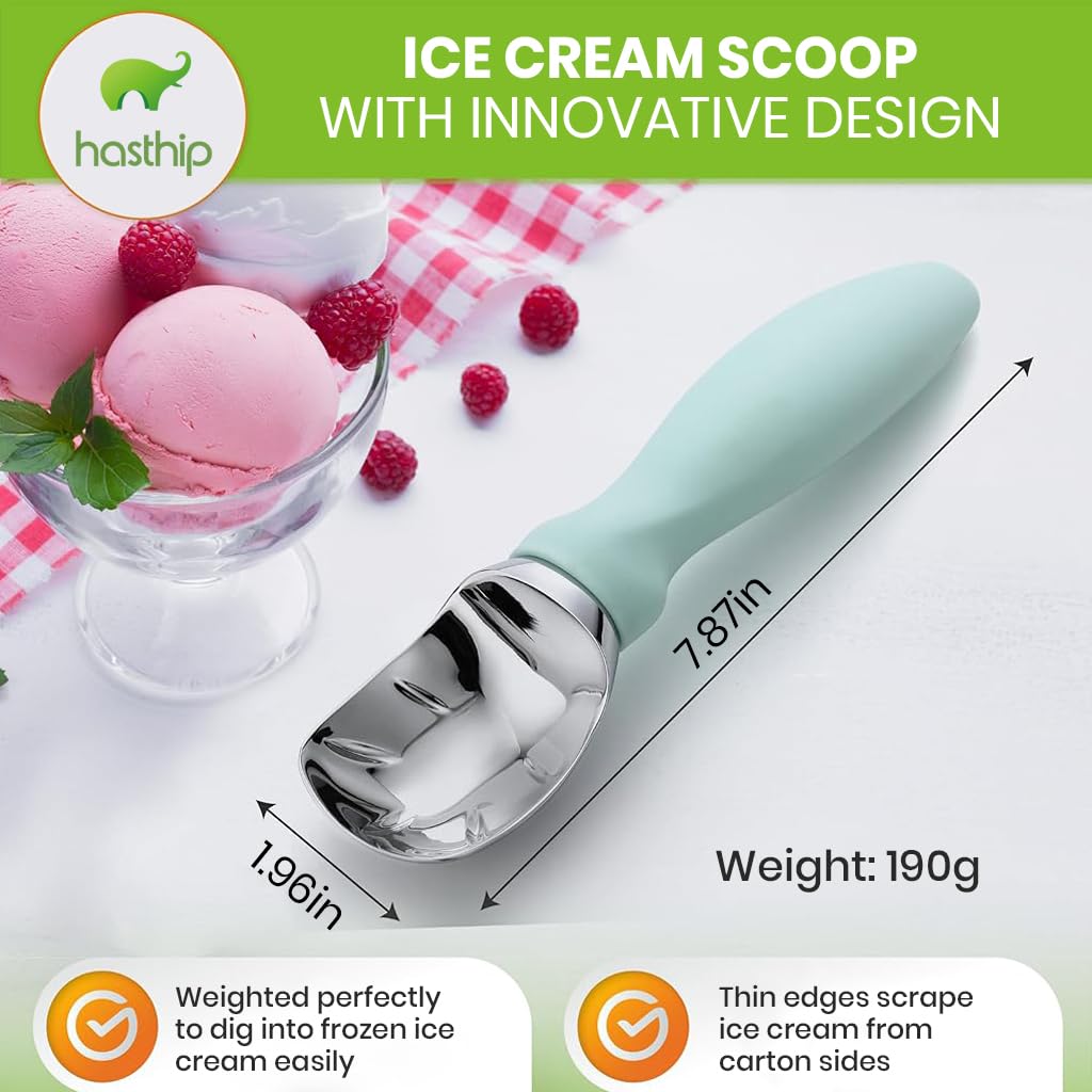 HASTHIP® Heavy Duty Ice Cream Scoop, Professional Metal Ice Cream Spoon with Anti-Slip Handle, Kitchen Tool Stainless Steel Ice Cream Scooper for Gelato, Sorbet, Cookie Dough (Mint)