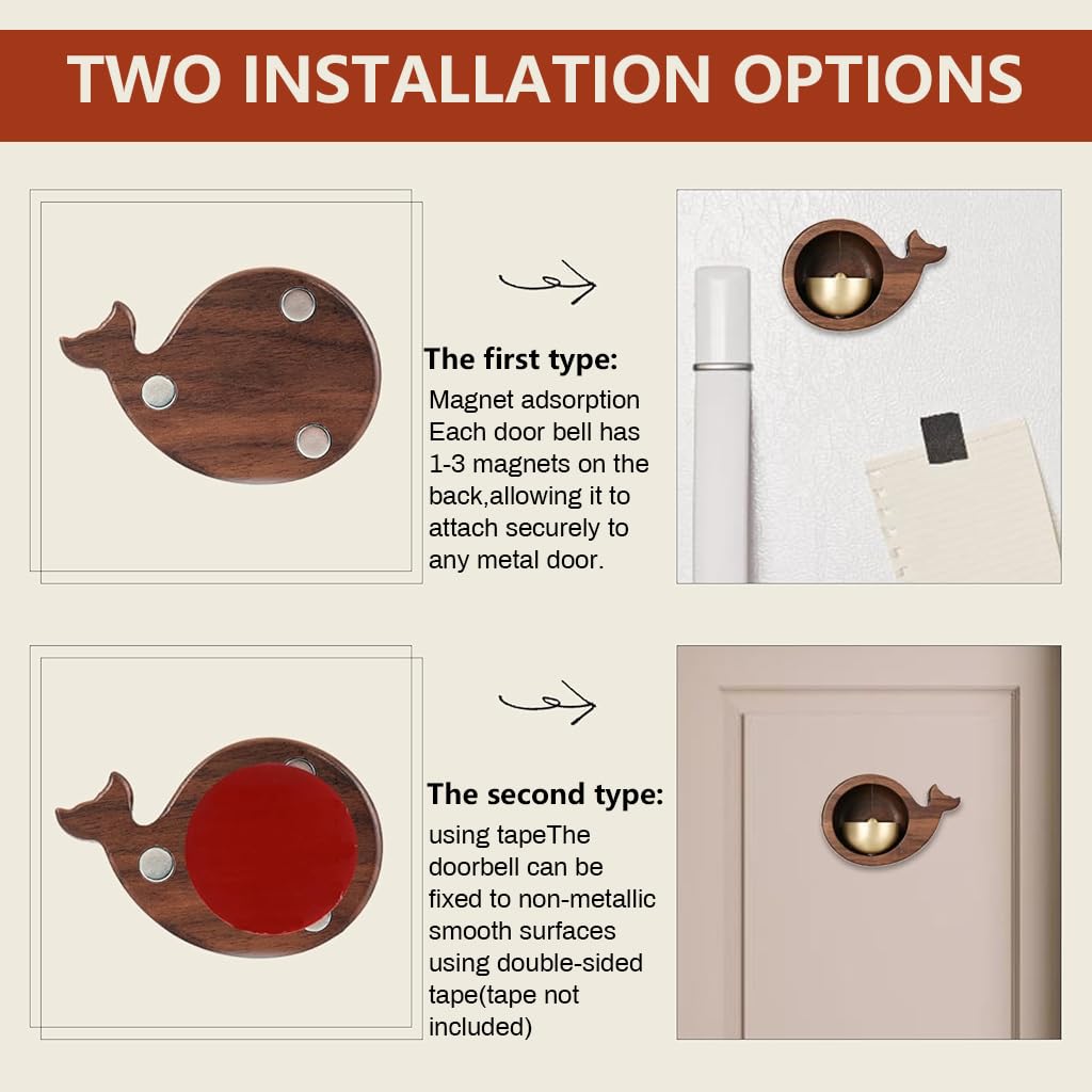 HASTHIP Magnetic Door Chime for Home and Shop with Whale Shape and Embedded Bell 9.2x6.2x3.5cm | Wooden Decorative Entry Alert