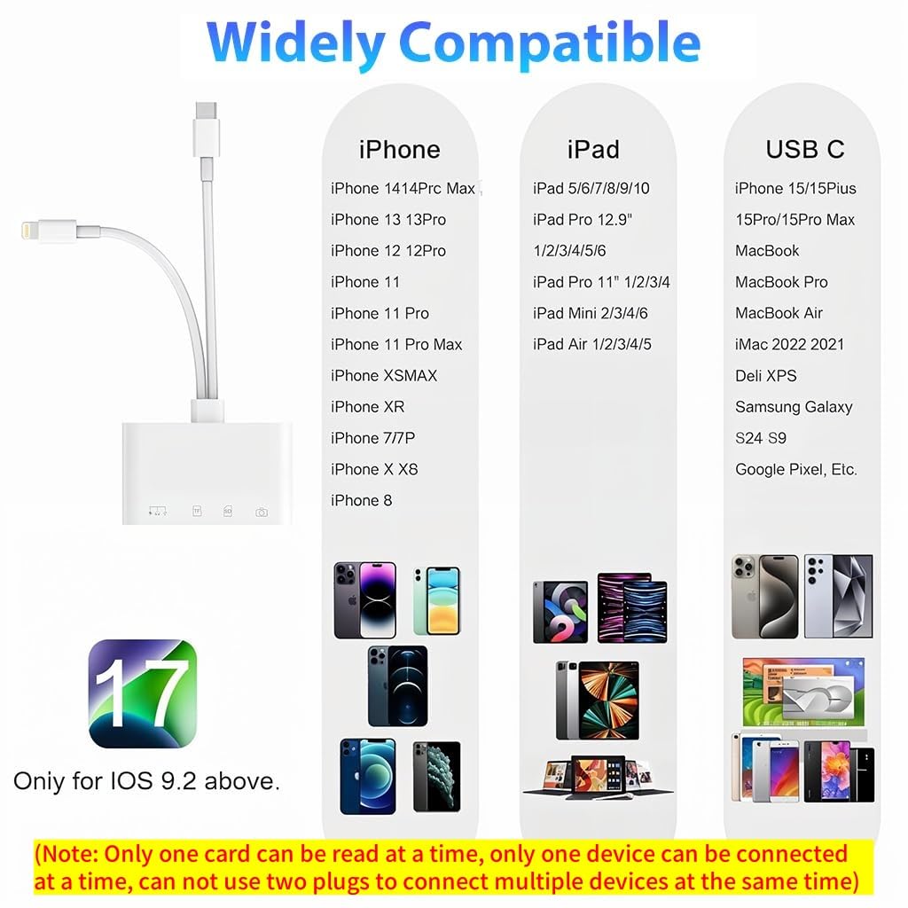 Verilux Multi Card Reader for iPhone with 4 in 2 USB C Lightning Ports | Supports Fast Charging