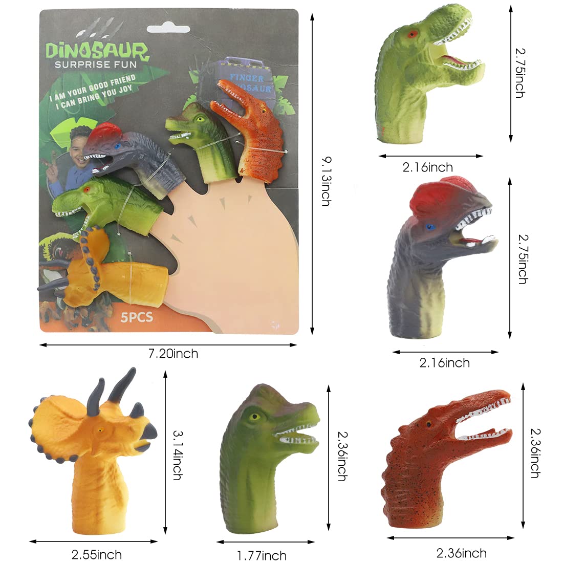 PATPAT Dinosaur Toys for Kids, 5 Pcs Dinosaur Finger Puppets for Kids, Soft Vinyl Dinosaur Head Finger Toys, Animal Hand Puppet Bulk Birthday Party Supplies Favors Decorations Gifts for Boys Girls 3+