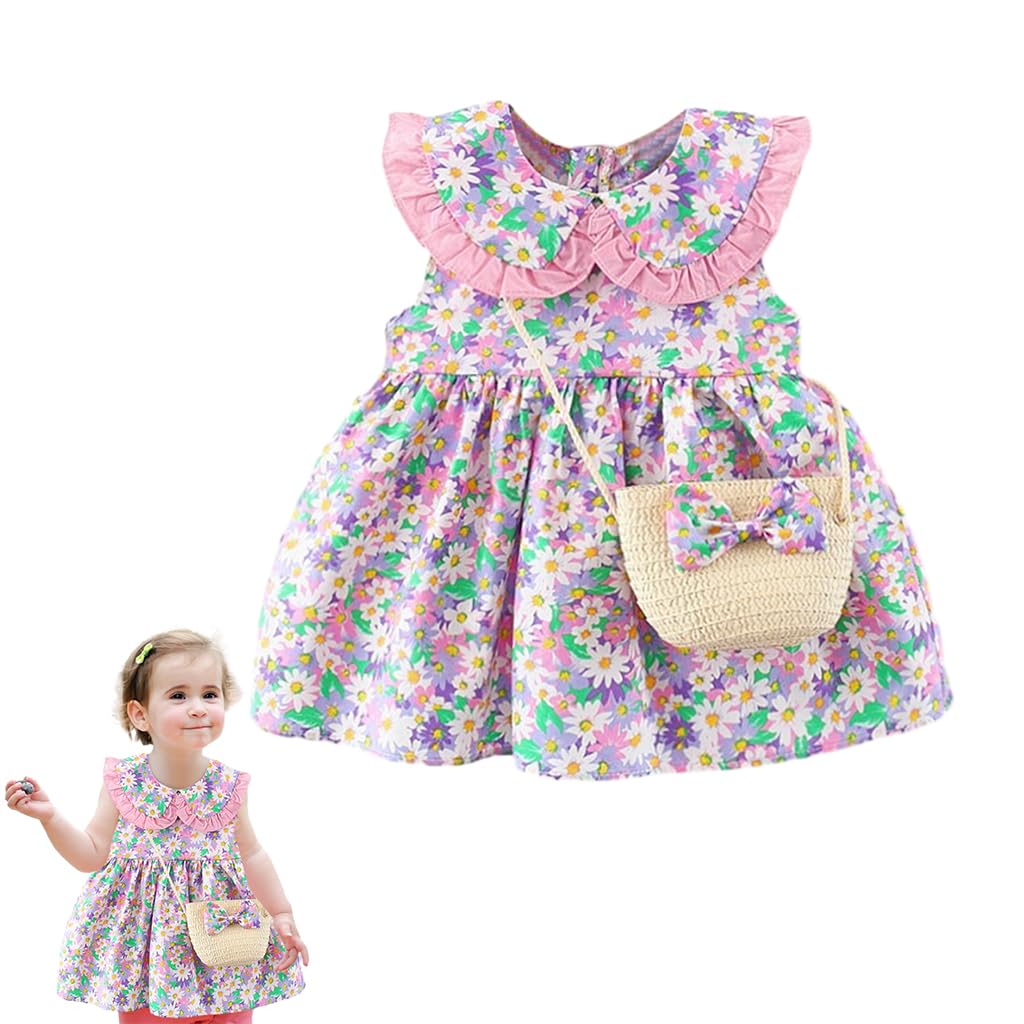 Zibuyu Floral Baby Girl Dress for Summer with Straw Sling Bag and Soft Cotton Fabric | Pink Daisy Print Birthday Outfit 90–100 cm