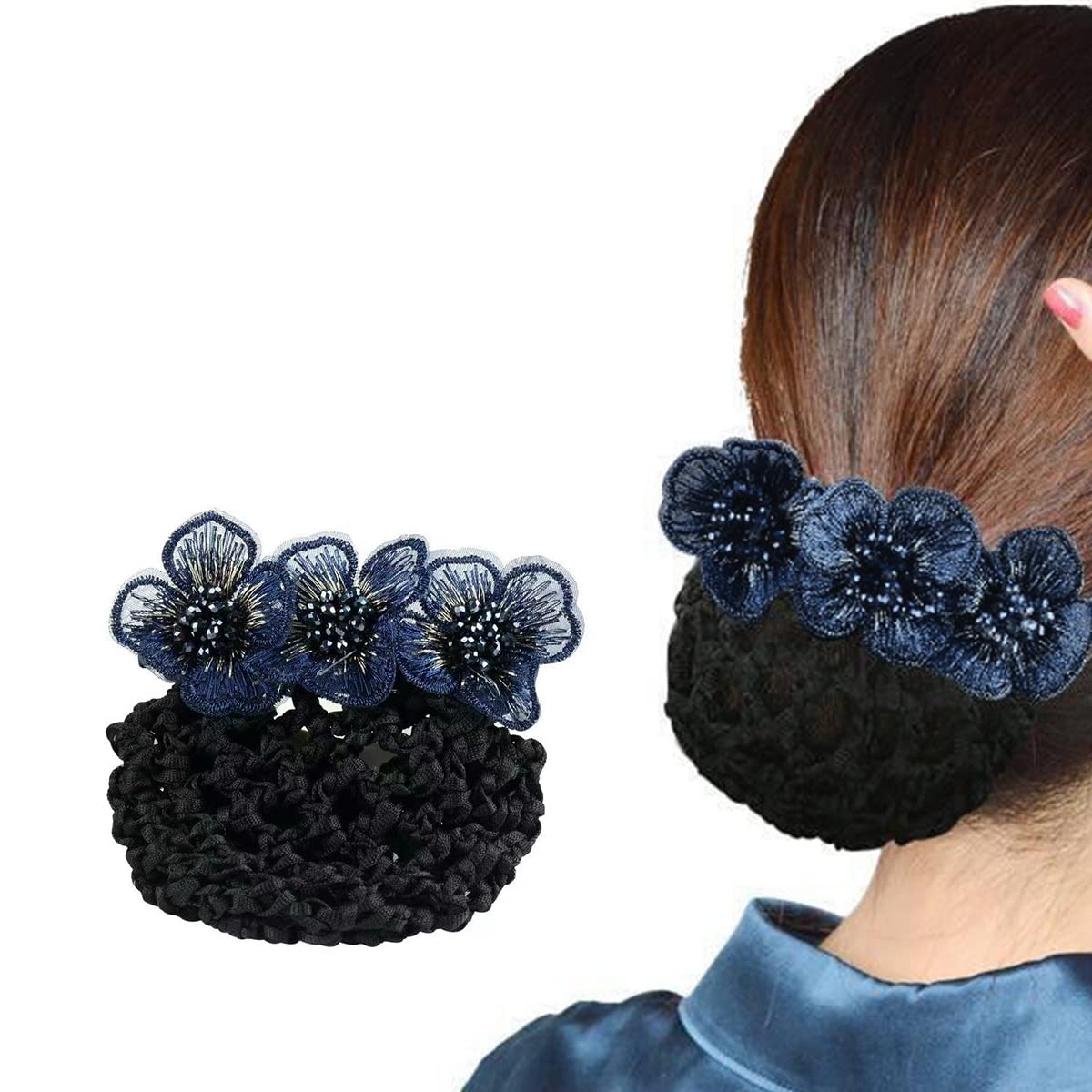 MAYCREATE Hair Snood Net for Work and Dance featuring Alloy Clip & Embroidery Flower Design