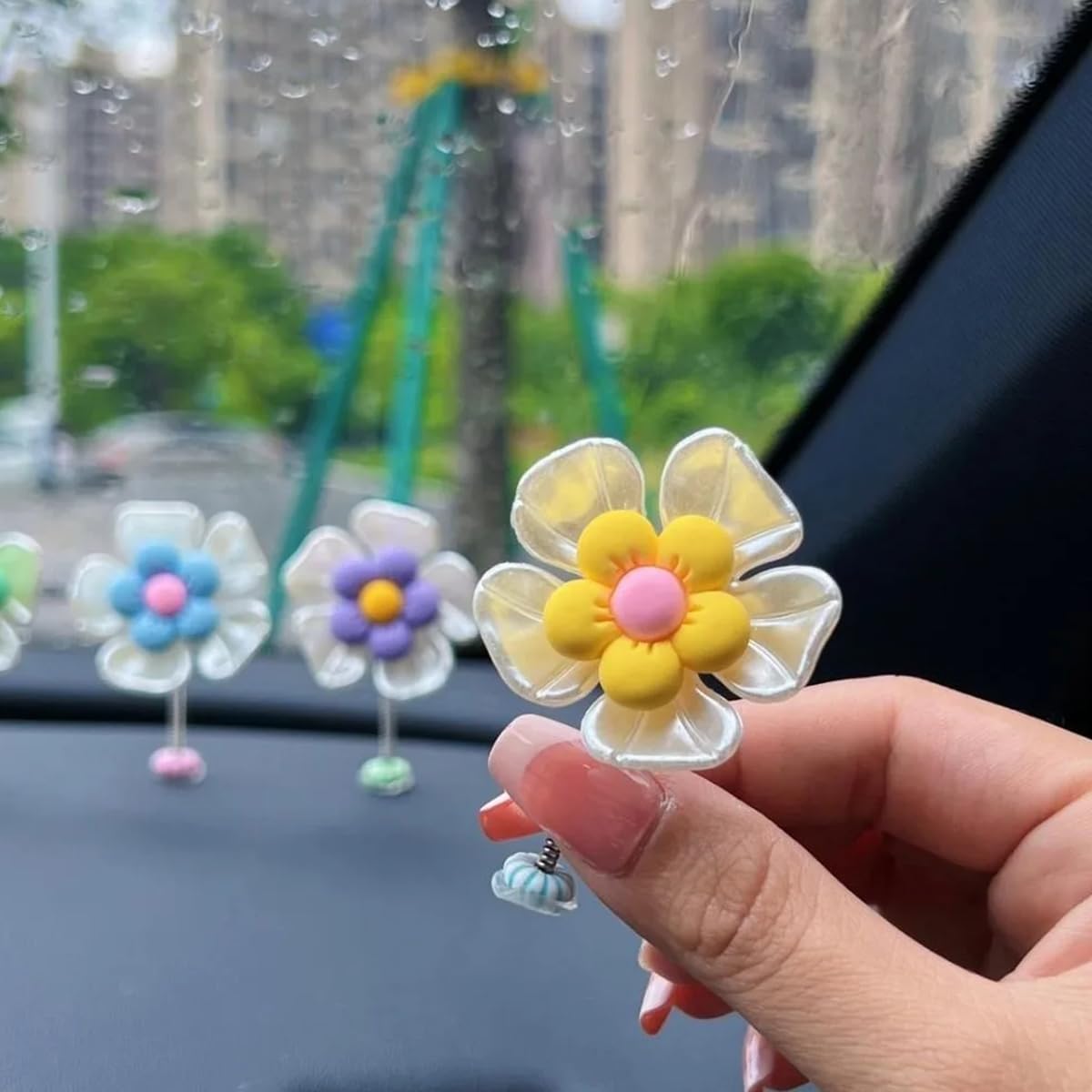 STHIRA Car Decors for Dashboard with Swinging 2.36 in Mini Flowers Set of 5 | Cotton Adhesive Charm