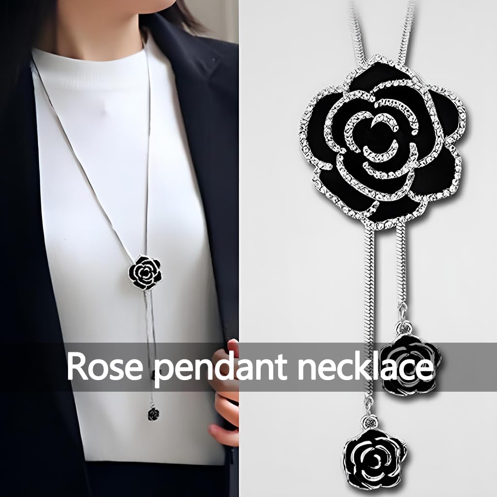 Zibuyu Pendant Necklace for Women featuring Adjustable Camellia Chain with Black Crystal | Elegant Jewelry for Evening and Winter Outfits