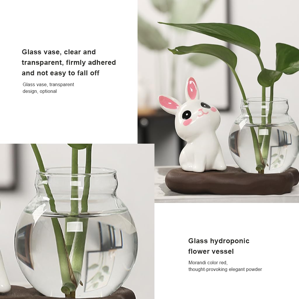 HASTHIP Mini Glass Hydroponics Pot Set for Desk Decor with 6.5x7cm Glass Pots and Compact 12x6cm Base | Cute Ceramic Bunny Ornament Gift
