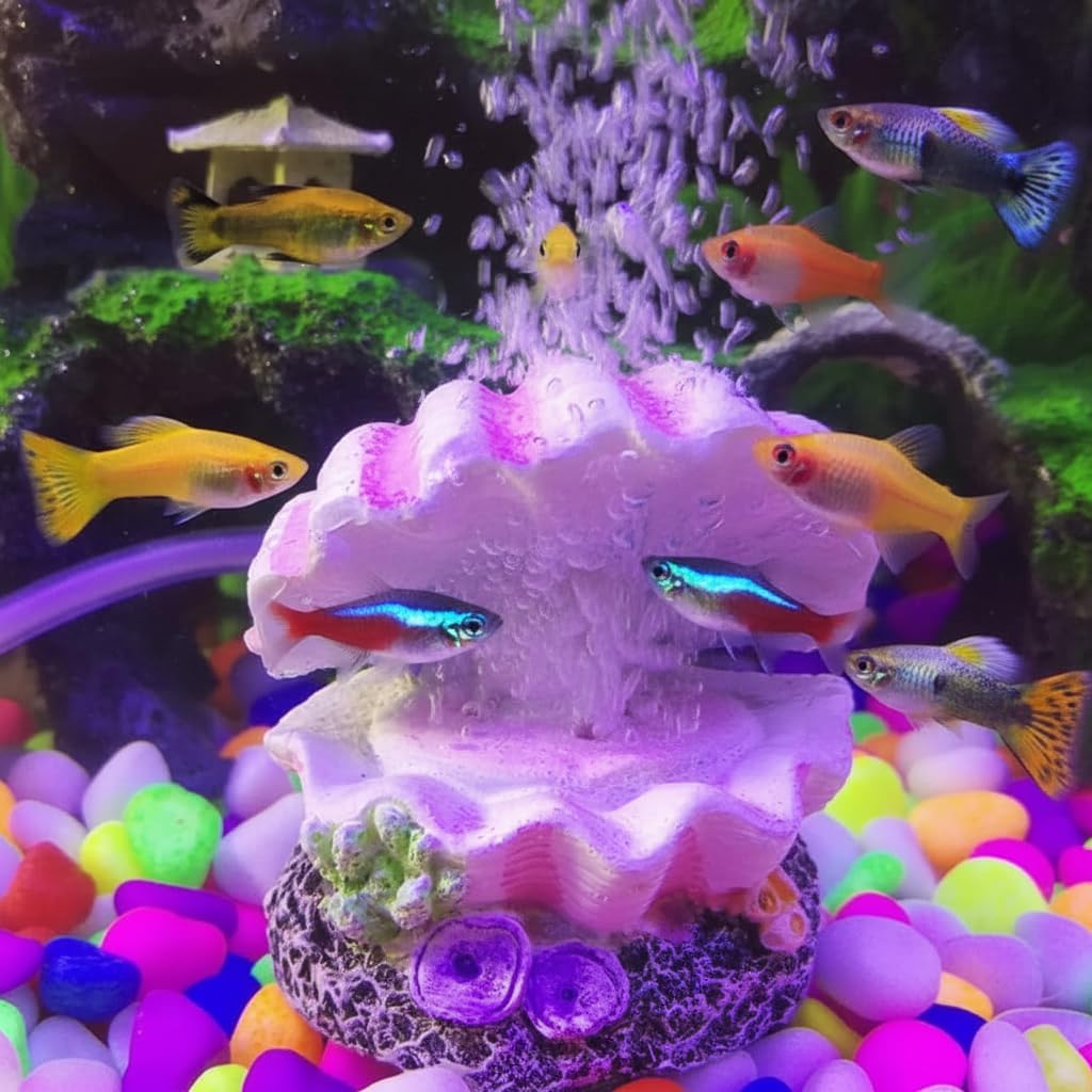 Qpets Aquarium Ornament for Fish Tank with Bubble Stone Function 5x4.6x5.5cm Resin Decor | Dreamy Seashell Pearl Design