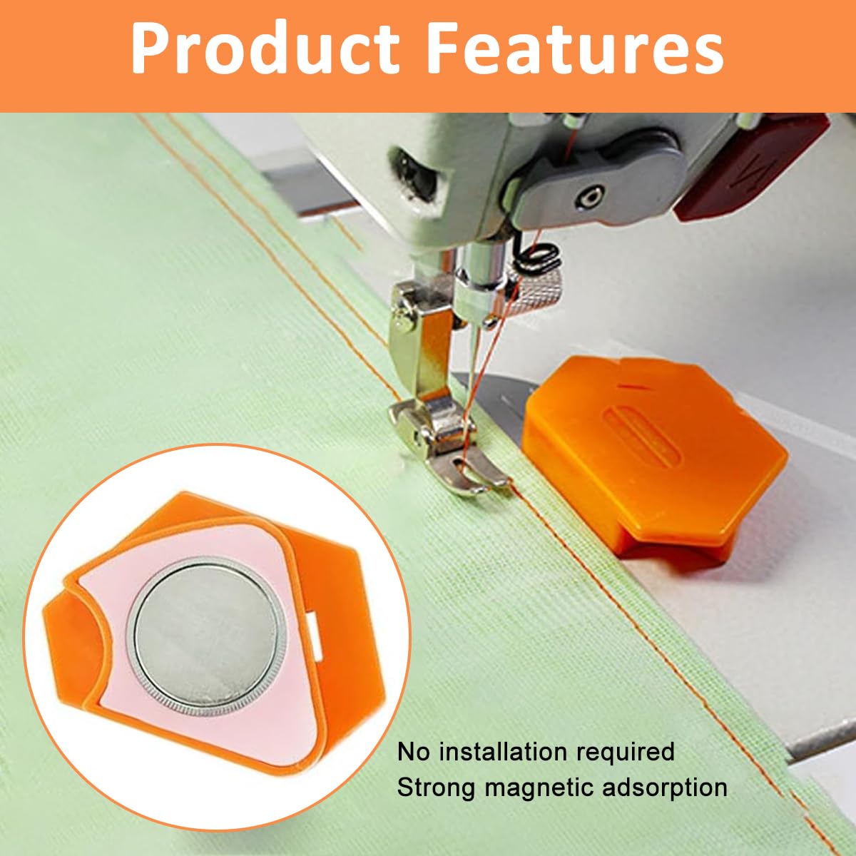 HASTHIP Magnetic Seam Guide for Sewing Machine with Polygonal Magnetic Gauge | Orange Sewing Tool for Quilting Precision
