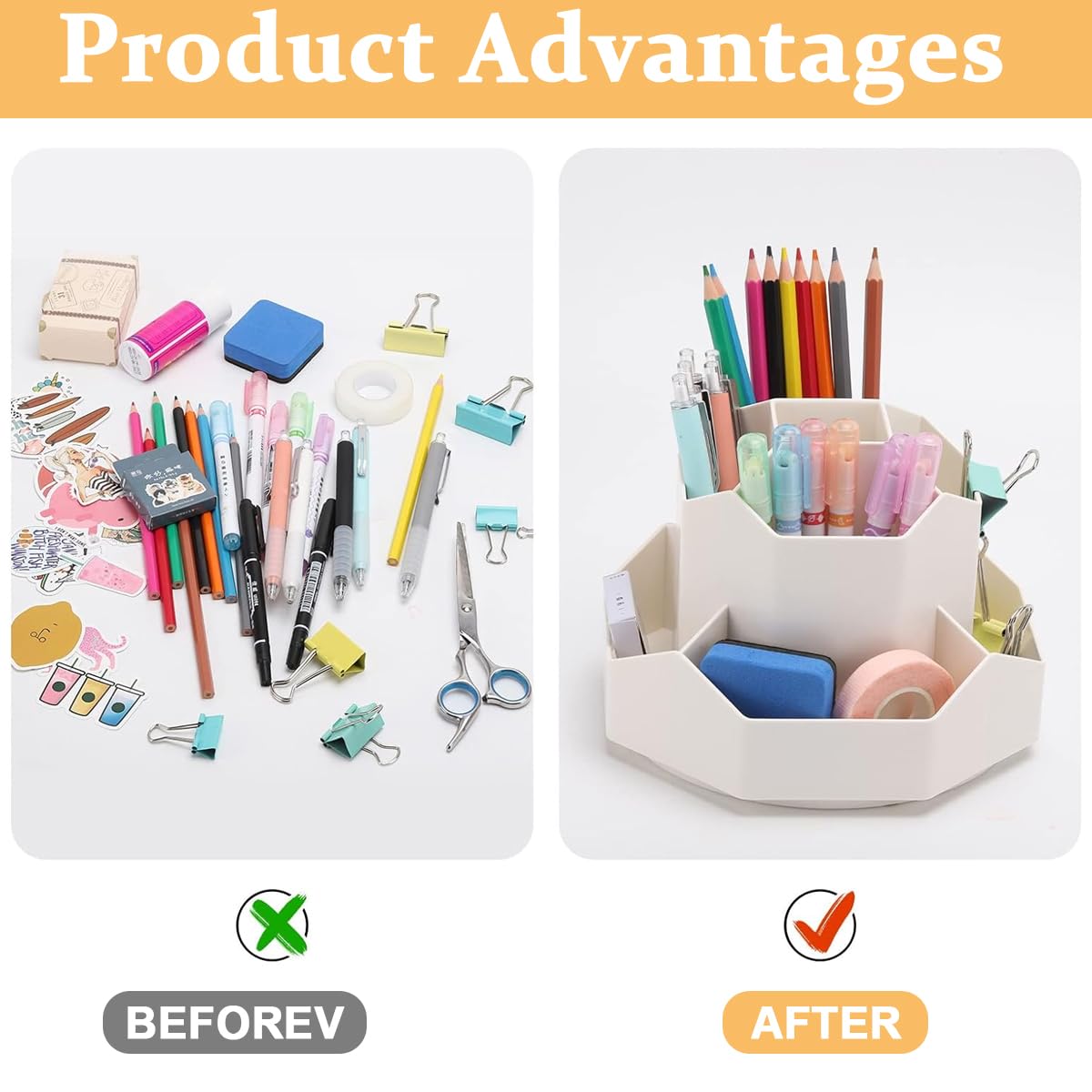 Climberty Pen Stand for Study Table with 9 Slots and 360 Degree Rotating Organizer | Beige Desk Storage for Office School Home