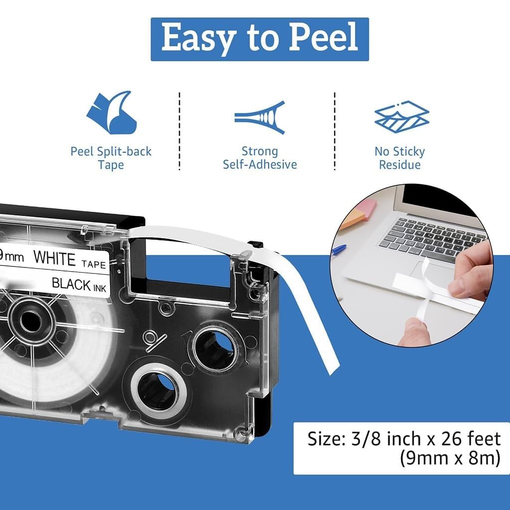 ZIBUYU Label Tape for Casio KL Series featuring 9mm Width and Waterproof Design | 8m Roll