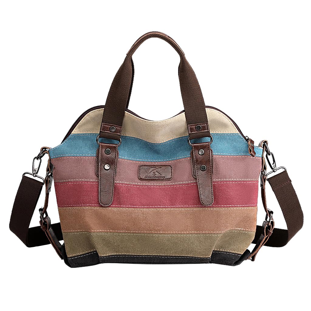 PALAY® Tote Bag Women Large Canvas Tote Bag Shoulder Bag Briefcase Crossbody Bag with Shoulder Belt Fashion Color Stripy Print Tote Bag Casual Tote Bag for Daily, Travel, 36x12x37 cm