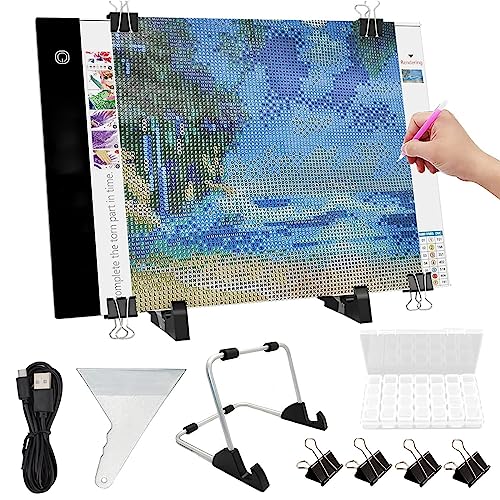 HASTHIP® A4 LED Light Board for Diamond Painting Kits, USB Powered Light Pad with Brightness Controlled Touch Button, Detachable Stand, Clips and 28-Grid Diamond Storage Box for 5D Diamond Art