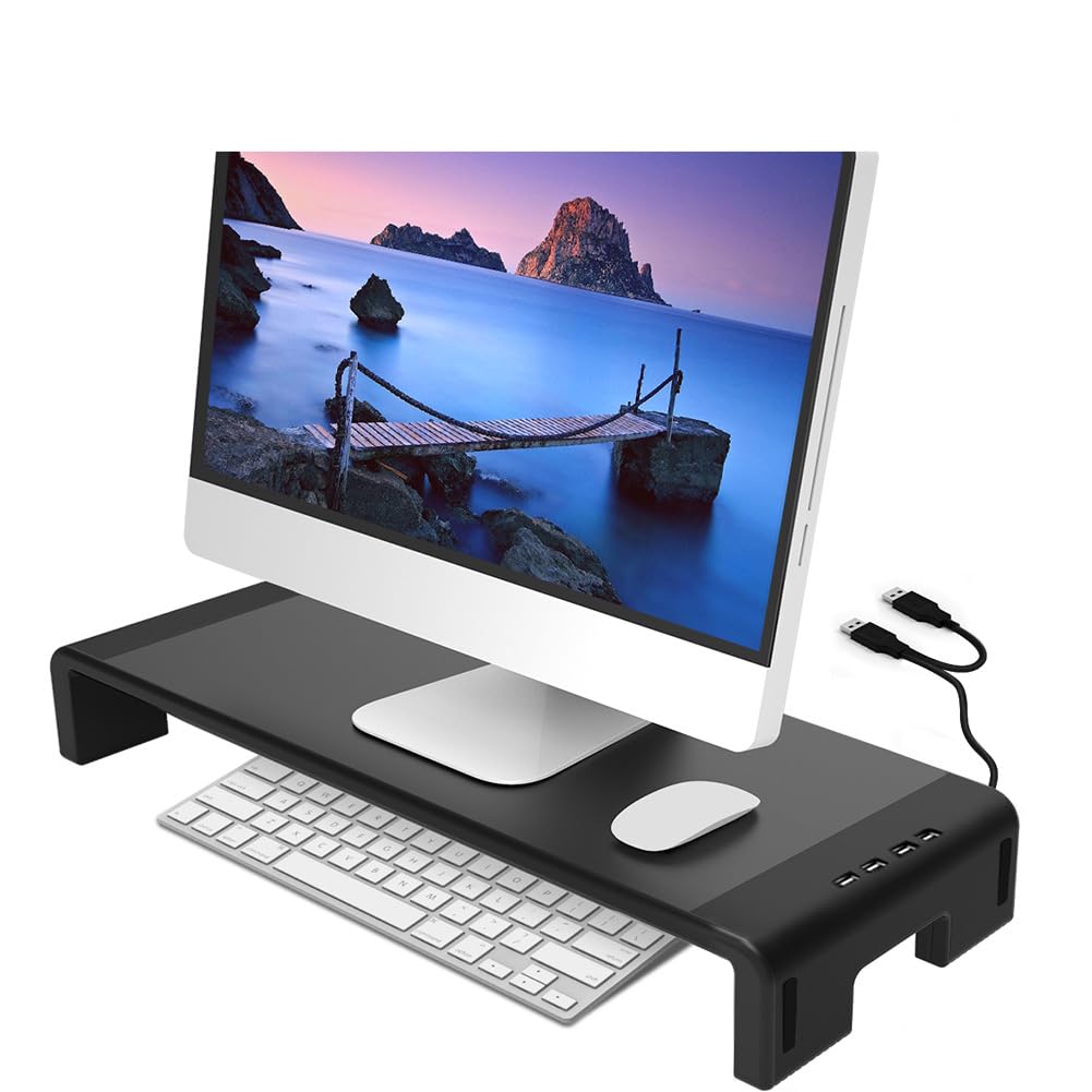 ZORBES® Monitor Riser Stand Desk Monitor Riser Stand with 4 USB 2.0 Ports Support Charging Multifunctional Monitor Riser Office Desk Organizer Universal Desk Monitor Riser Stand, 52x20x8cm