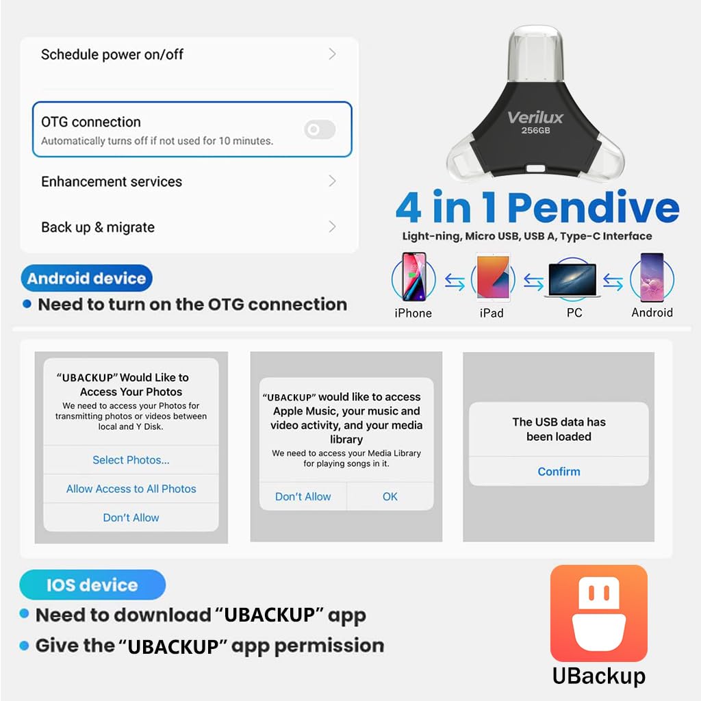 Verilux Pendrive 256GB for iPhone and Android featuring 4 in 1 USB Type C Design | Black