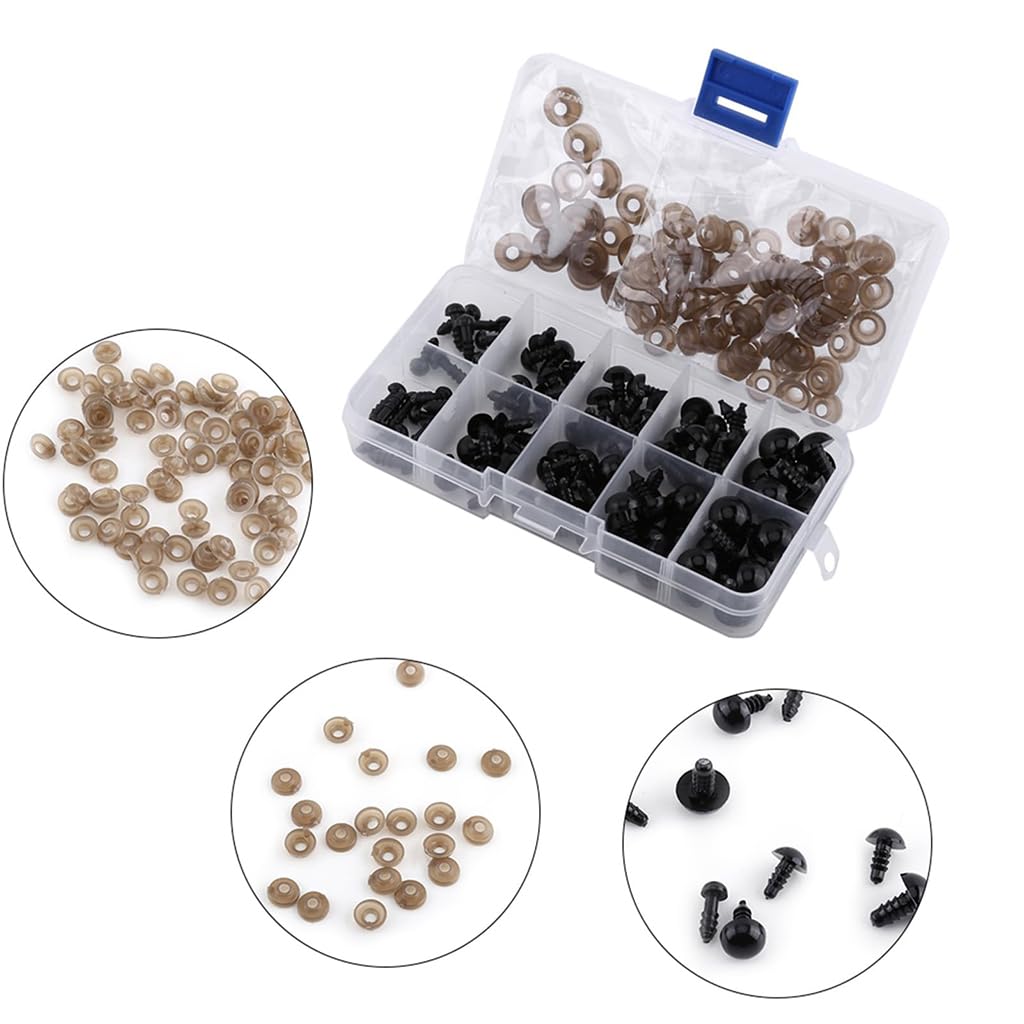 ZIBUYU Safety Eyes for Crochet and Plush Toys 100 pcs 6mm–12mm with Lock Washers | Black Plastic Set in Storage Box