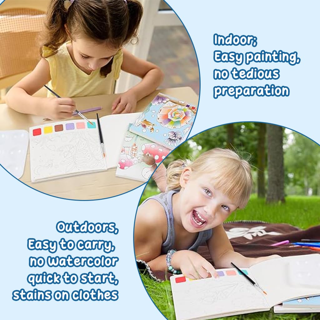 PATPAT Kids Watercolor Painting Book 2Pcs for Creative Learning with Brush and Pigments | Hard Paper Art Set for Children 3 Plus