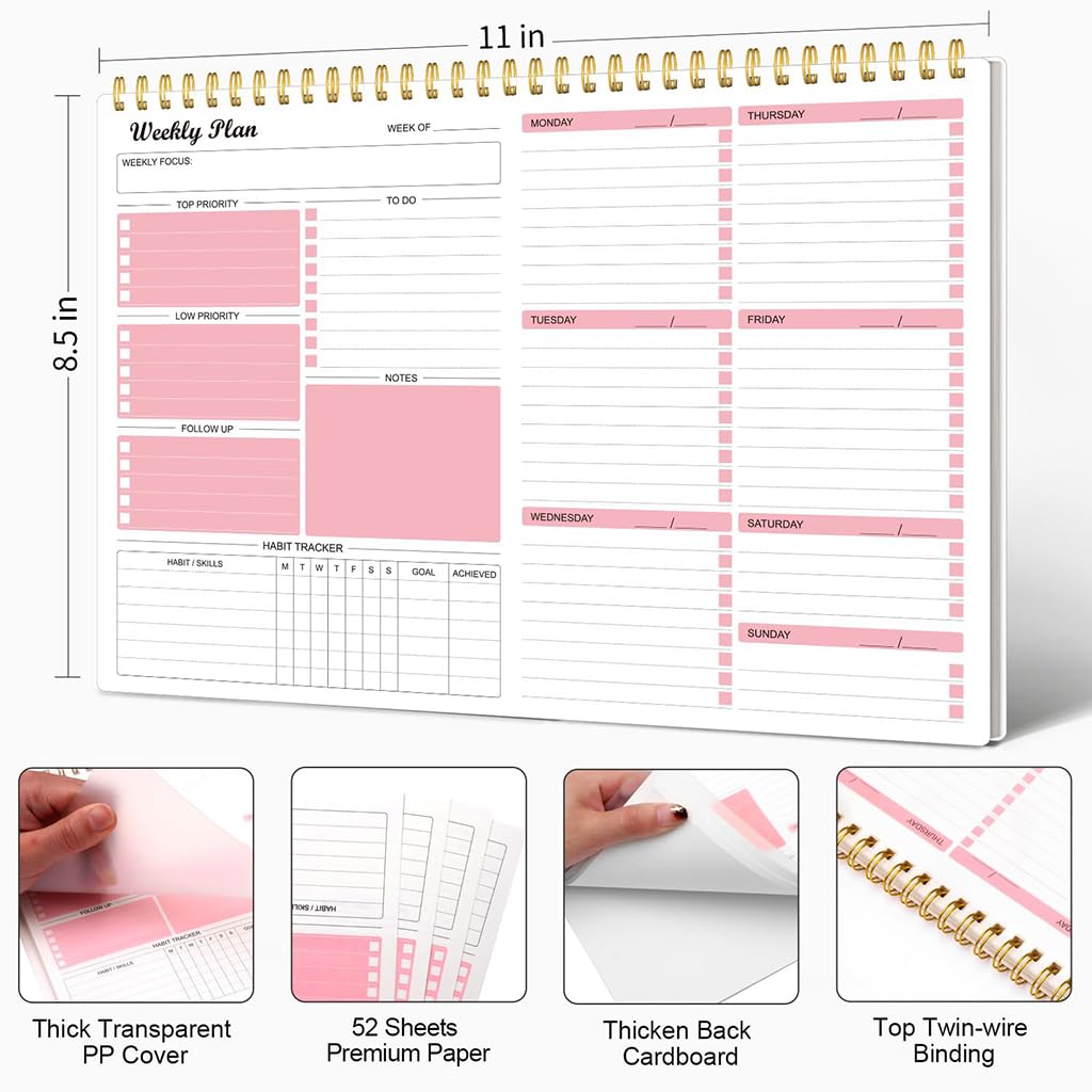 ZIBUYU Weekly Planner Notepad for Work and School with 8.5x11 in Pages featuring Twin Wire Binding and Pink Design
