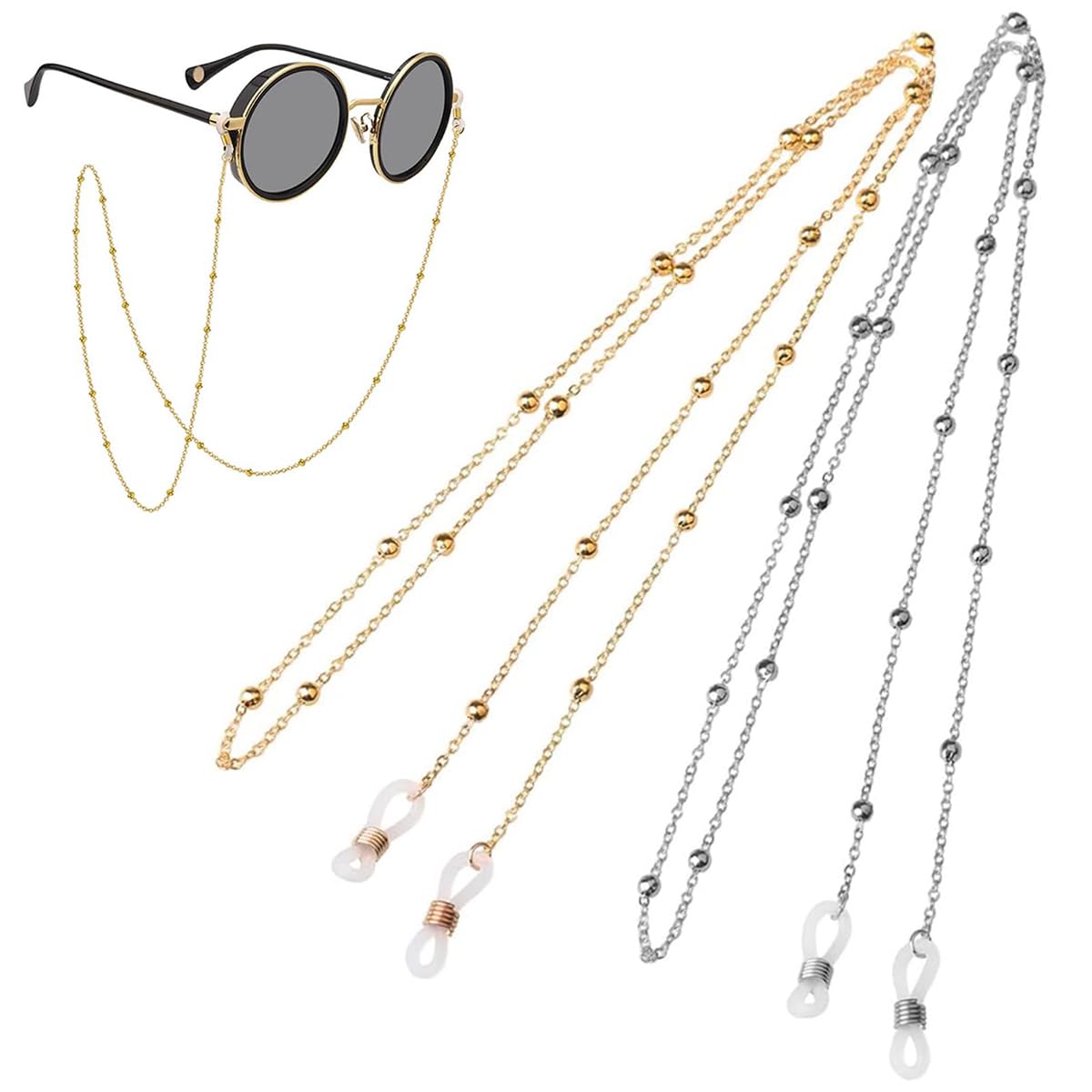 ZIBUYU® 2Pcs Glasses Chain 27.56 Inches Trendy Metal Beaded Glasses Chain Golden and Silver Anti-lost Eye Glass Chain Fashion Sunglasses Accessories for Men Women