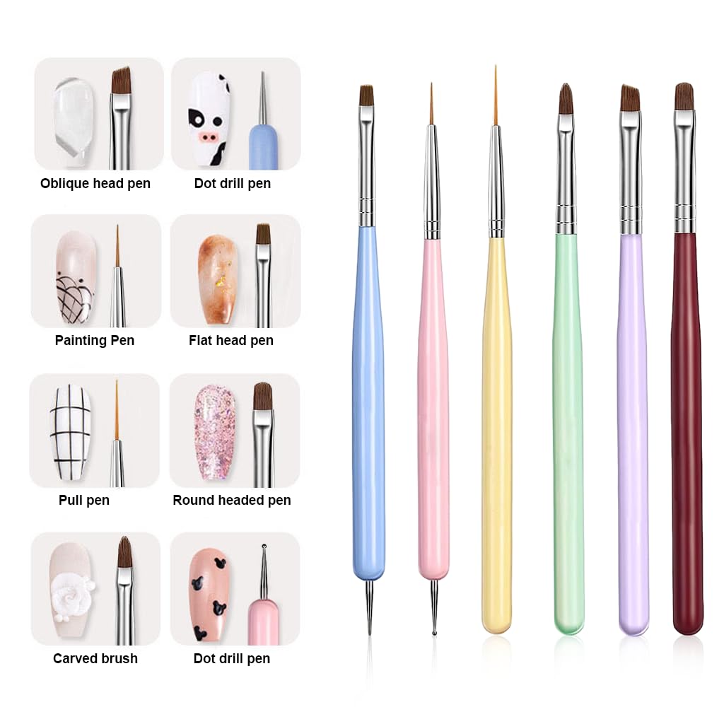 MAYCREATE Nail Art Brush Set for Acrylic Gel Nails with 2‑in‑1 Striping Dotting Tool | 6‑Piece Detailing Kit