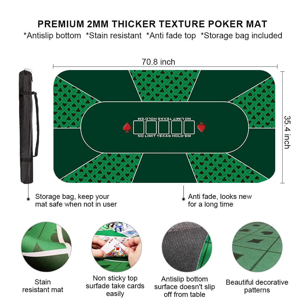 PATPAT® 1800 * 900 * 2mm Poker Mat, 8 Players Poker Rubber Mat Poker Topper for Tables, Folding Portable Poker Table Top Layout w/Carrying Bag for Poker Games, Blackjack