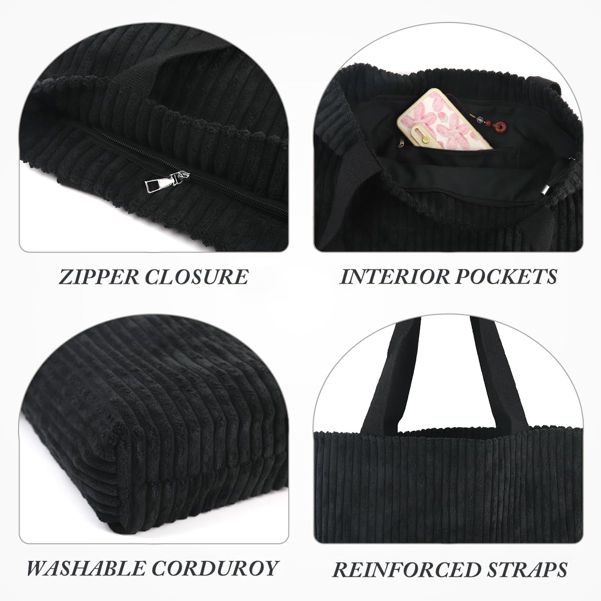 ZIBUYU® Corduroy Tote Bag for Women Fashion Black Casual Shoulder Bag Hand Bag with Zipper Nylon Webbing Shoulder Straps Design Book Bag Grocery Bag Versatile Daily Item Bag, 37x10x34cm