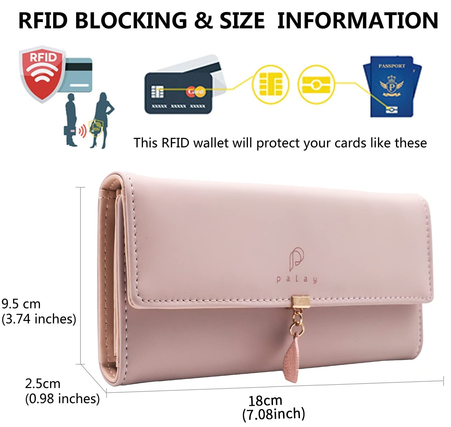 PALAY Womens PU Leather Long Wallet with Leaf Pendant and Zipper Coin Purse 7.48x3.7x0.82 in | Pink 3PCS