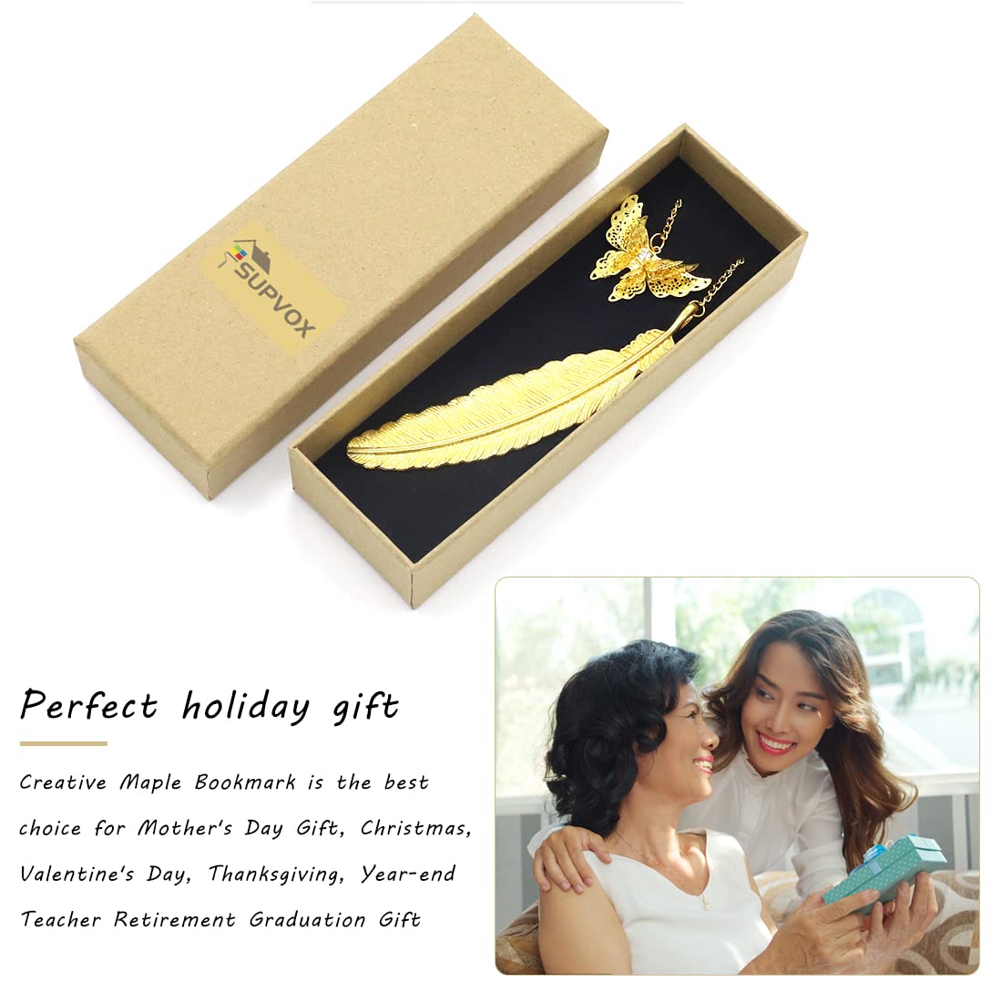 Supvox Metal Feather Bookmark for Reading and Gifting with 90 cm Chain & 3D Butterfly | Golden Copper Vintage Design