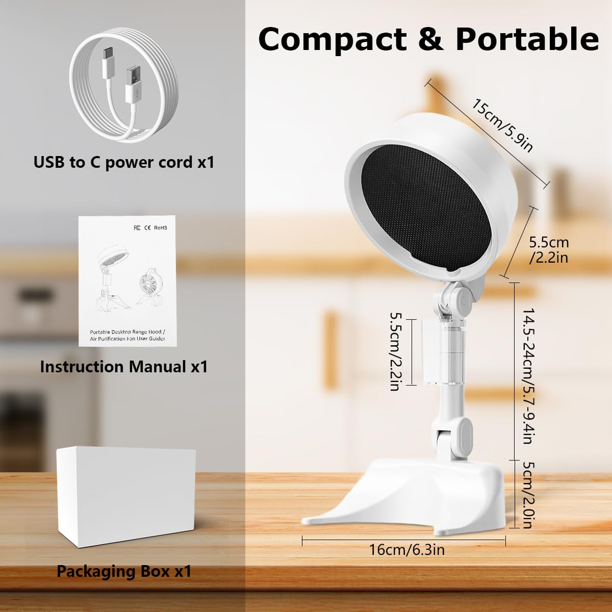Supvox Desk Range Hood for Indoor Cooking with 3 Speeds and 4000mAh Rechargeable Battery
