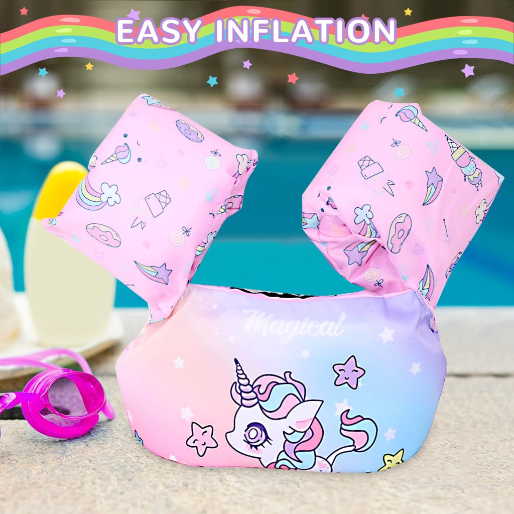 Proberos Kids Floating Vest for 30–55 lb Toddlers with Inflatable Arm Floats and PVC Pink Unicorn Design