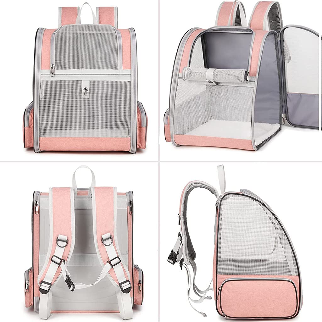 Qpets® Breathable Cat Bag Carrier Backpack Combo, Expandable Pet Travel Cage for Small Cats Dogs, Hot Weather Backpack Design, Grey & Pink, Versatile for Travel, Outdoor, Vet, Everyday Use