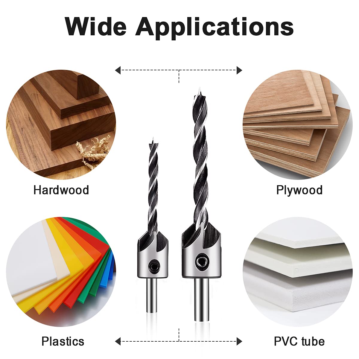 ZIBUYU® Countersink Drill Bits Set Woodworking Drill Bits for Woodwork, PVC, Plywood Chamfer High Carbon Steel Drill Bits for Wood, 3 4 5 6 7 8 10mm with Hex Key - 7 Pcs