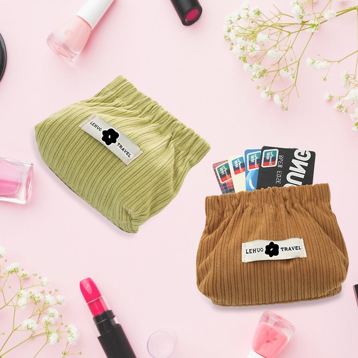 MAYCREATE Small Pouches for Travel and Daily Use featuring Squeeze Open Design and Corduroy Fabric 13x5x12cm