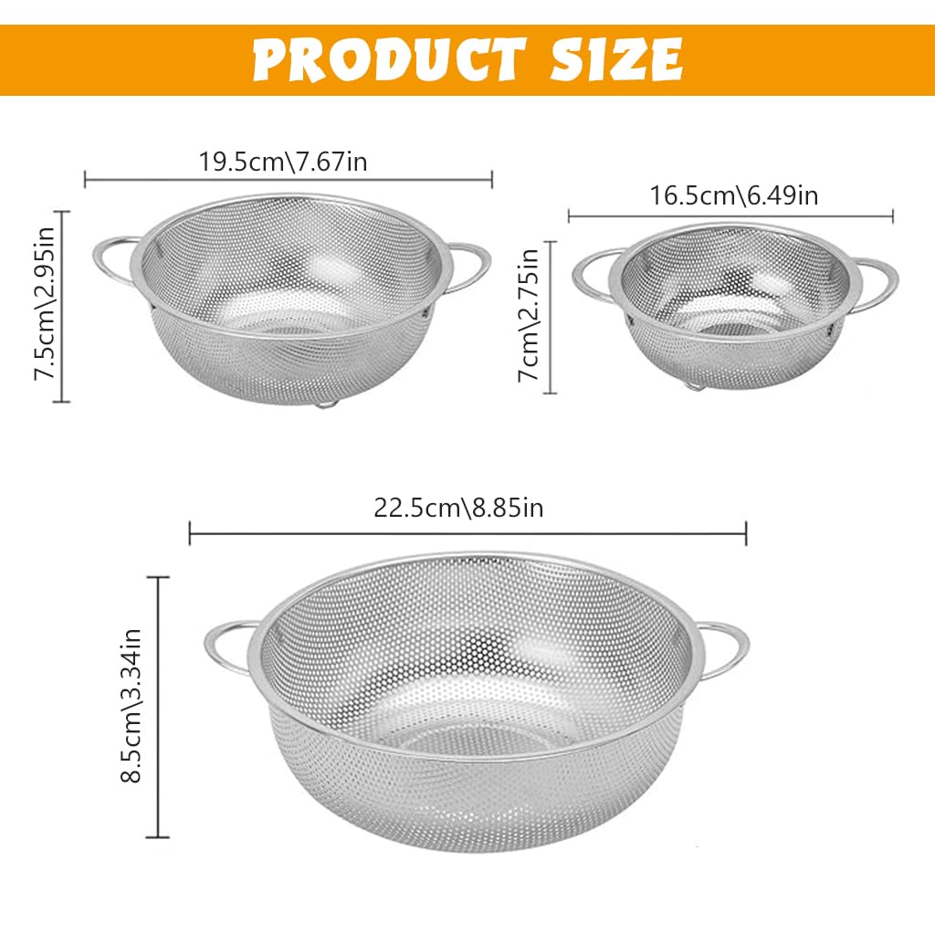 Supvox® 3Pcs Kitchen Strainer Baskets with Ears 3 Sizes Vegetable Sieve Strainers Fruit Drain Bowls Stainless Steel Mesh Drain Bowls with Hanging Loops, Stackable Kitchen Fruit Strainer Baskets