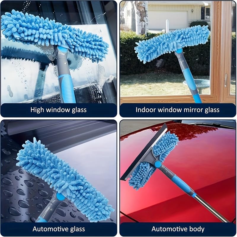 HASTHIP® 20 ft Reach Squeegee Window Cleaner Duster 2 in 1 Rotatable Window Cleaning Tool Kit with 3-14 ft Extension Pole,Washing Equipment for Indoor Outdoor Car Glass-Blue