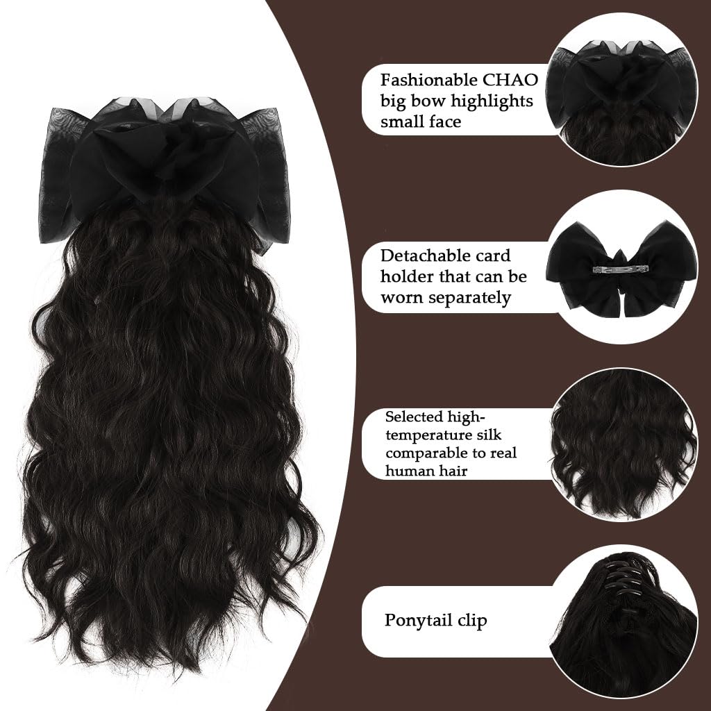 ZIBUYU Wavy Hair Extensions for Women featuring Large Butterfly Bow Clip & 16–18 in Curly Ponytail