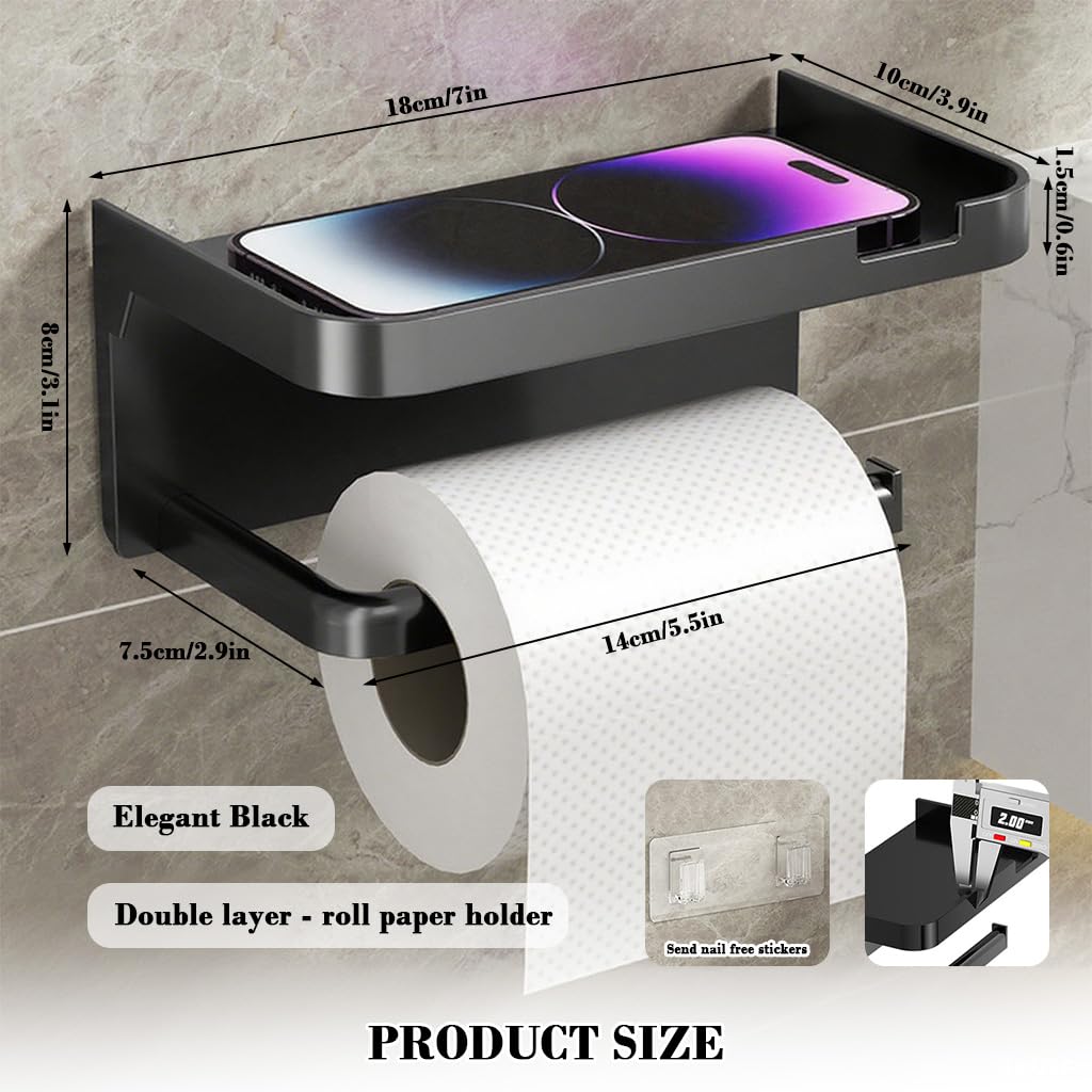 HASTHIP Toilet Paper Roll Holder for Bathroom with Mobile Shelf and Self Adhesive Mount 18x10x8cm Black