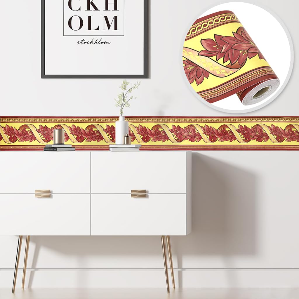 HASTHIP Wall Border Sticker - 3.9''×29.5 Ft Self-Adhesive Floral Trim PVC Frame Sticker, Kitchen Bathroom Waterproof Wallpaper Border Removable Self Adhesive Tiles for Room Decor, Cupboard, Home DIY
