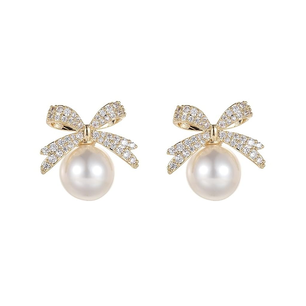 ZIBUYU Pearl Bow Earrings,Rhinestone Cute Alloy Ribbons Drop Earrings,Christmas Party Jewelry Earrings,Silver Needle Inlaid Diamond Style Design