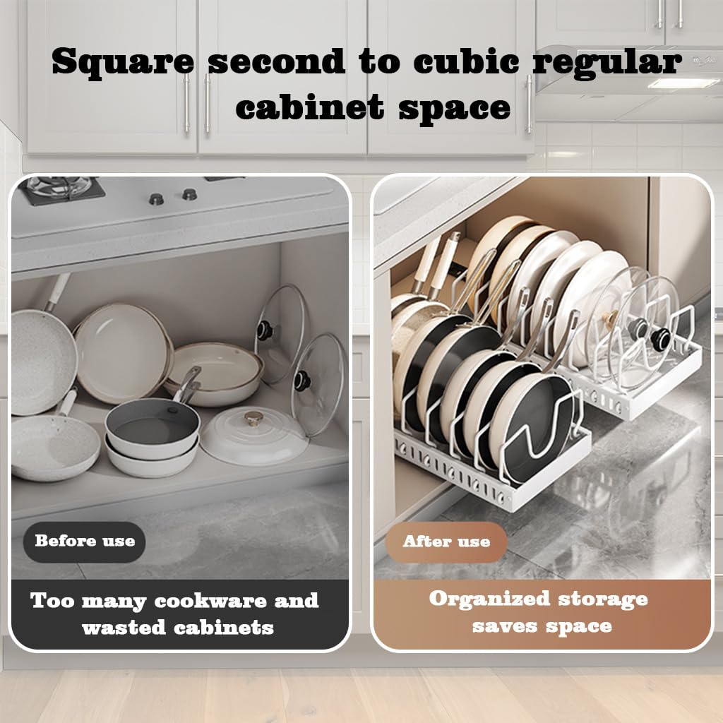 Supvox Pan Stand for Kitchen with 8 Adjustable Brackets and Pull Out Adhesive Rail | Carbon Steel Organizer