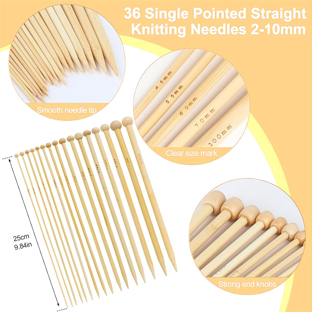 ELEPHANTBOAT Knitting Needles Set for DIY Projects with 36PCS 9in Bamboo Needles | 18 Sizes 2.0mm–10.0mm
