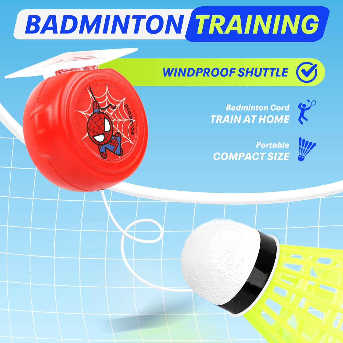 Proberos Badminton Training Device Set with 6 Shuttlecocks and Adjustable Strings | Self-Rebounding Trainer for Kids