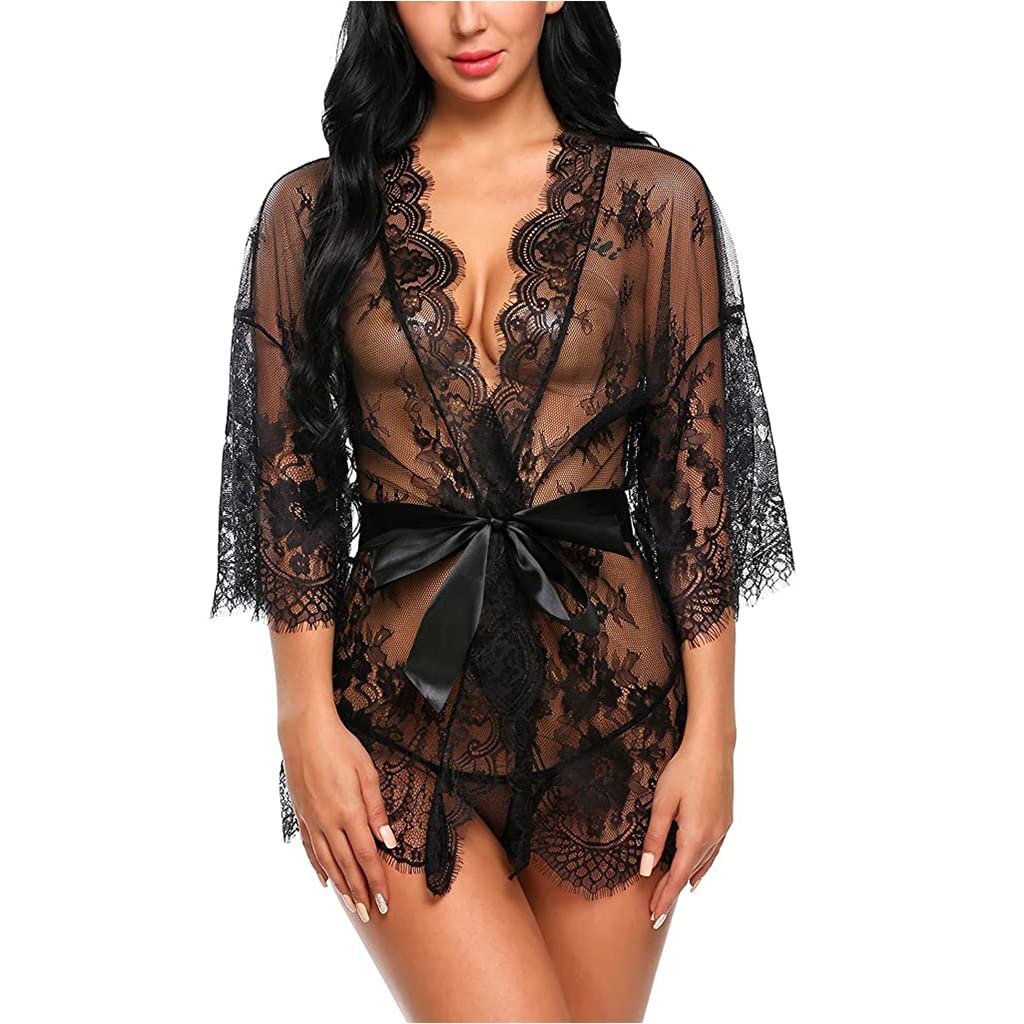 Zibuyu Babydoll Lingerie Set with Transparent Spandex Lace Dress and Panty for Women